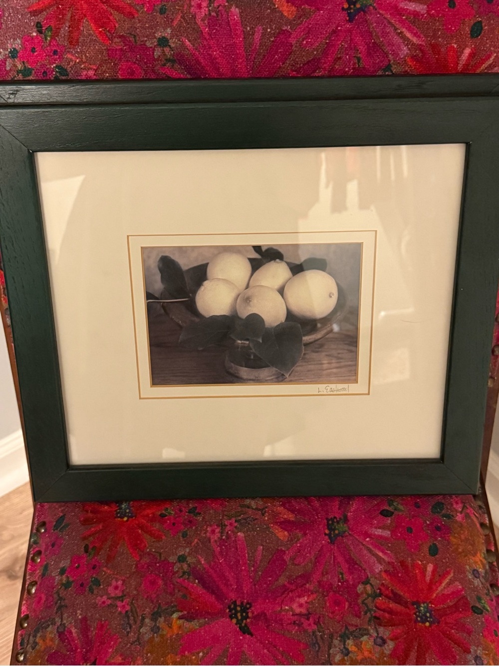 Framed Still Life Art Print of Lemons 🍋 in a Dish with Green Wood Frame